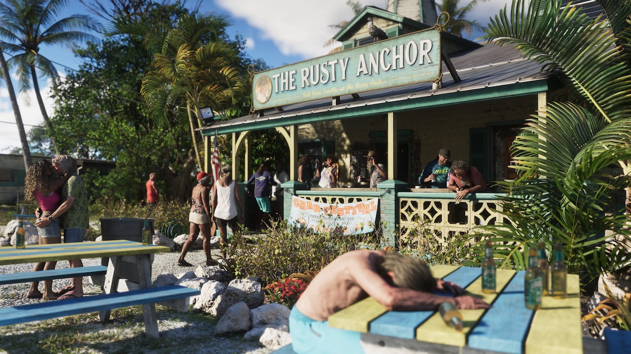 Crowds relax outside the Rusty Anchor waterfront bar in the Leonida Keys