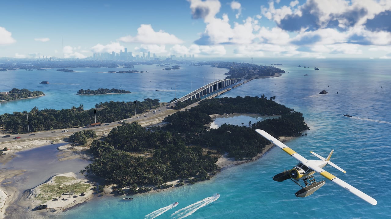A seaplane flies beside the island highway in the official Leonida Keys screenshot