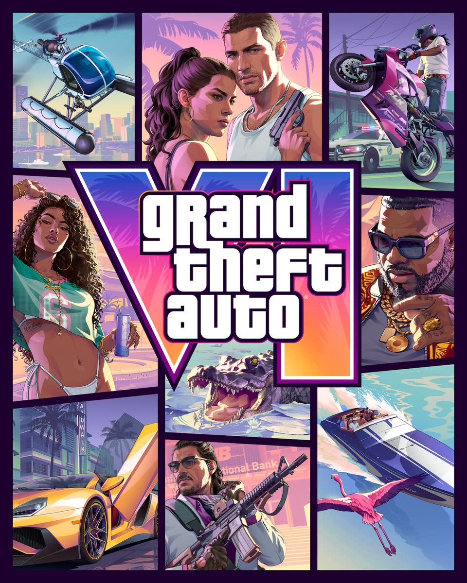 Grand Theft Auto VI cover art collage with Jason, Lucia and Vice City characters around the VI logo