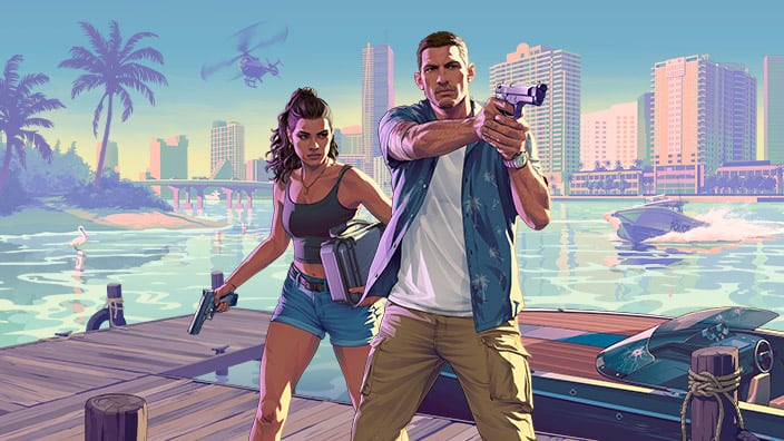 Jason aims a pistol while Lucia carries a cash box in official GTA VI artwork